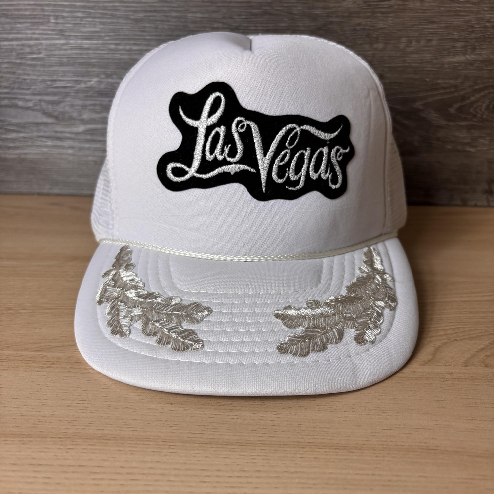 Vintage Las Vegas Hat Cap Snap Back White Trucker Mesh Rope Silver Embroidered